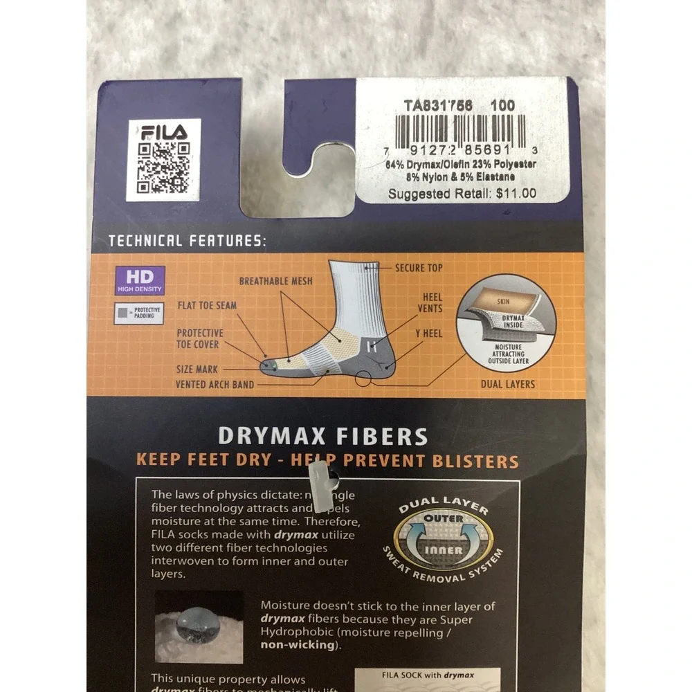 Fila Men 6-8 Super Performance Drymax No Show Tab Tennis Socks White TA831756
